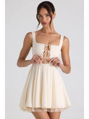 OH POLLY Nanisca Ivory Tie-Detail A-Line Micro Mini Dress Sz 10